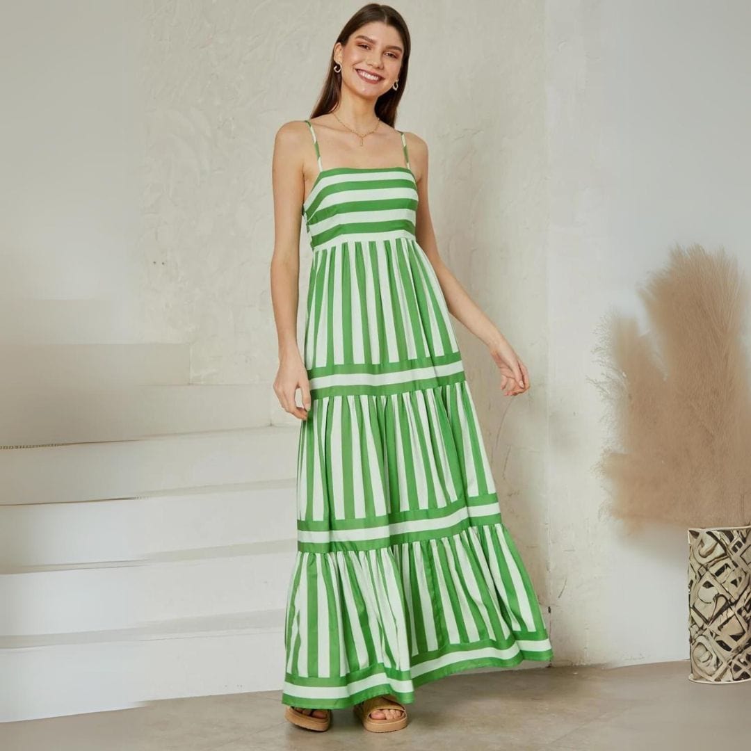 Christina|Robe maxi à volants et bretelles spaghetti