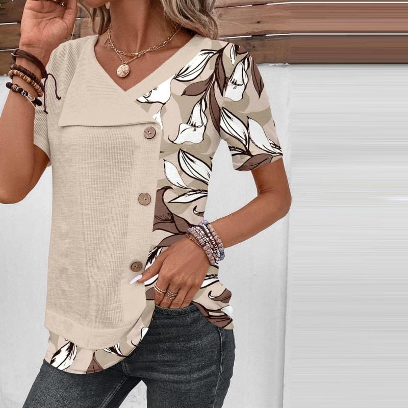 Nathalie|Blouse Patchwork À Imprimé Feuilles