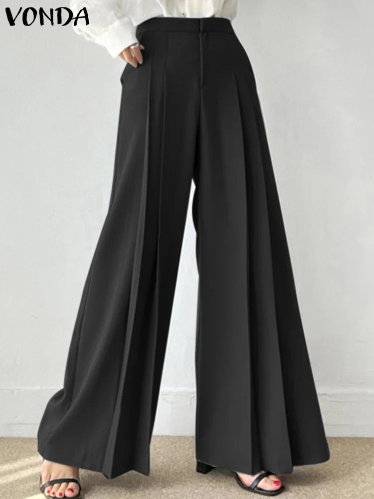 VONDA-Pantalon plissé à jambes larges pour femme, vêtement de bureau élégant, couleur unie, taille haute, avec poches, style décontracté, tendance 2023