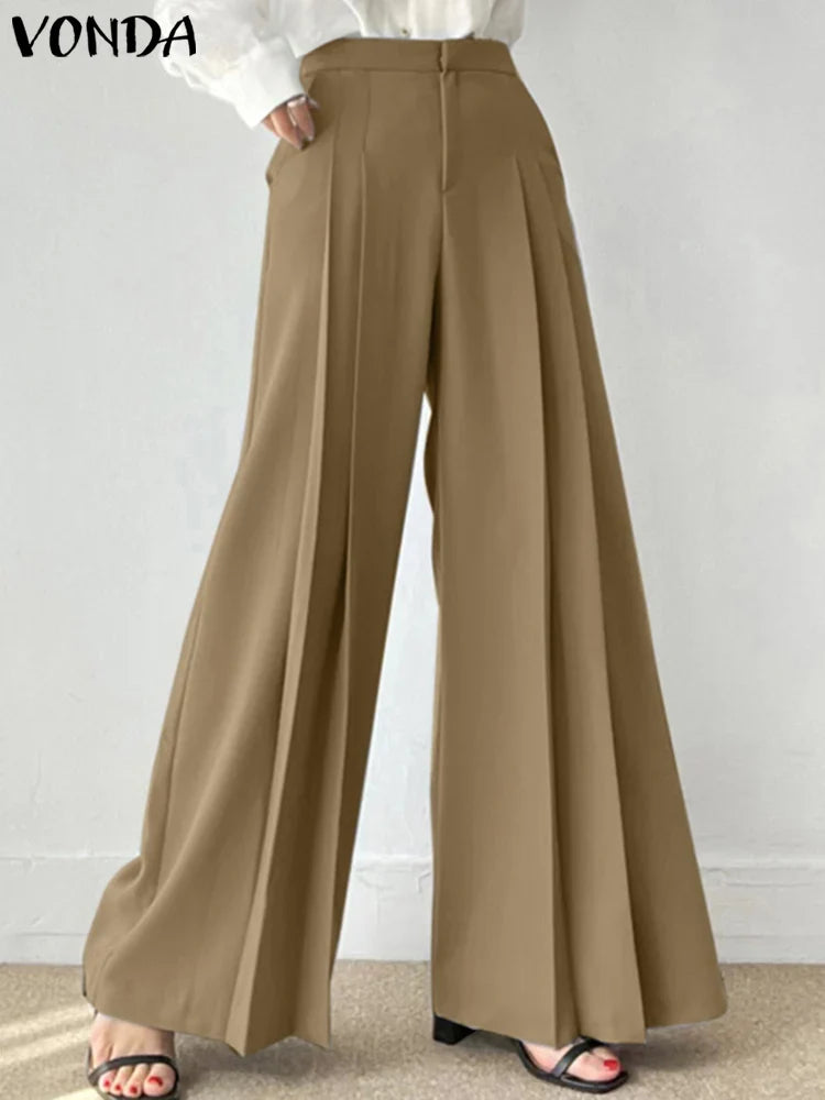 VONDA-Pantalon plissé à jambes larges pour femme, vêtement de bureau élégant, couleur unie, taille haute, avec poches, style décontracté, tendance 2023