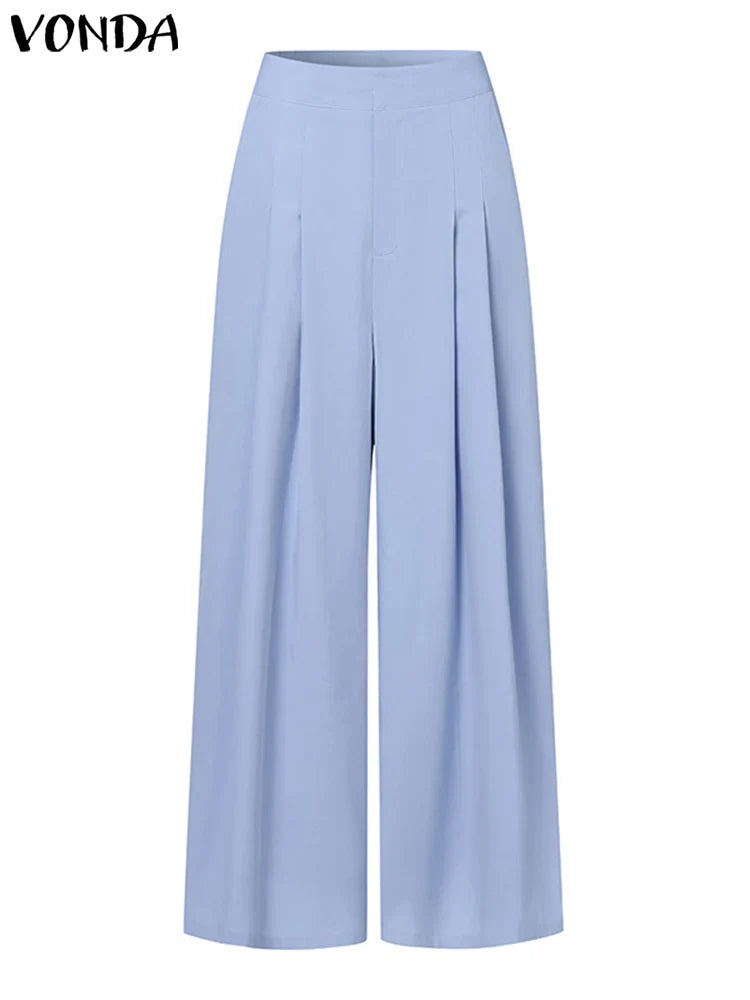 VONDA-Pantalon plissé à jambes larges pour femme, vêtement de bureau élégant, couleur unie, taille haute, avec poches, style décontracté, tendance 2023