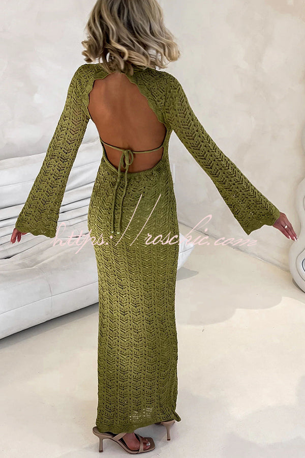 Avie Knit Textured Fabric Backless Tie-up Long Sleeve Stretch Maxi Dress