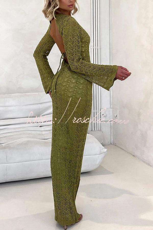 Avie Knit Textured Fabric Backless Tie-up Long Sleeve Stretch Maxi Dress