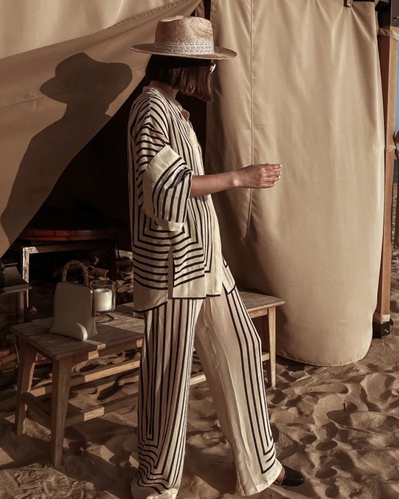 Léonie | Chemise/Pantalon décontracté à rayures fendue