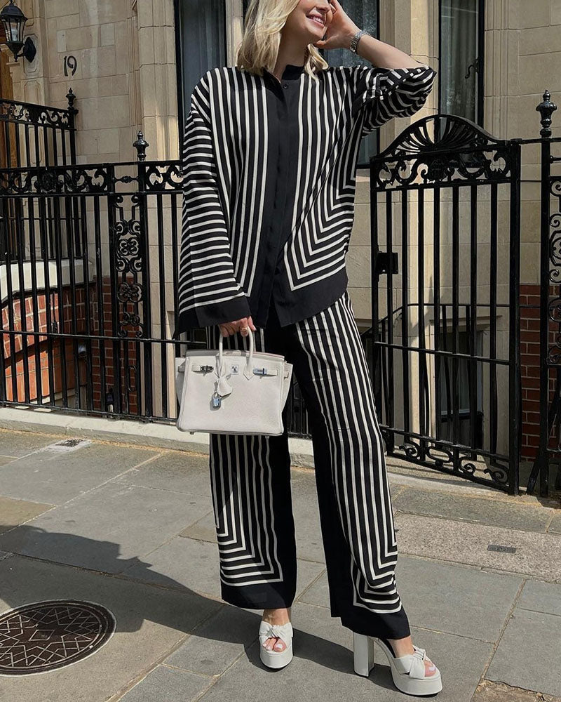 Léonie | Chemise/Pantalon décontracté à rayures fendue