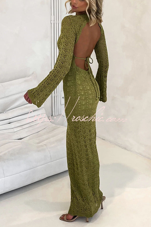 Avie Knit Textured Fabric Backless Tie-up Long Sleeve Stretch Maxi Dress