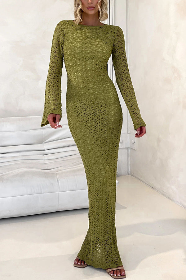 Avie Knit Textured Fabric Backless Tie-up Long Sleeve Stretch Maxi Dress