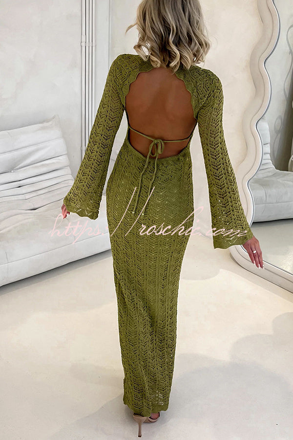 Avie Knit Textured Fabric Backless Tie-up Long Sleeve Stretch Maxi Dress