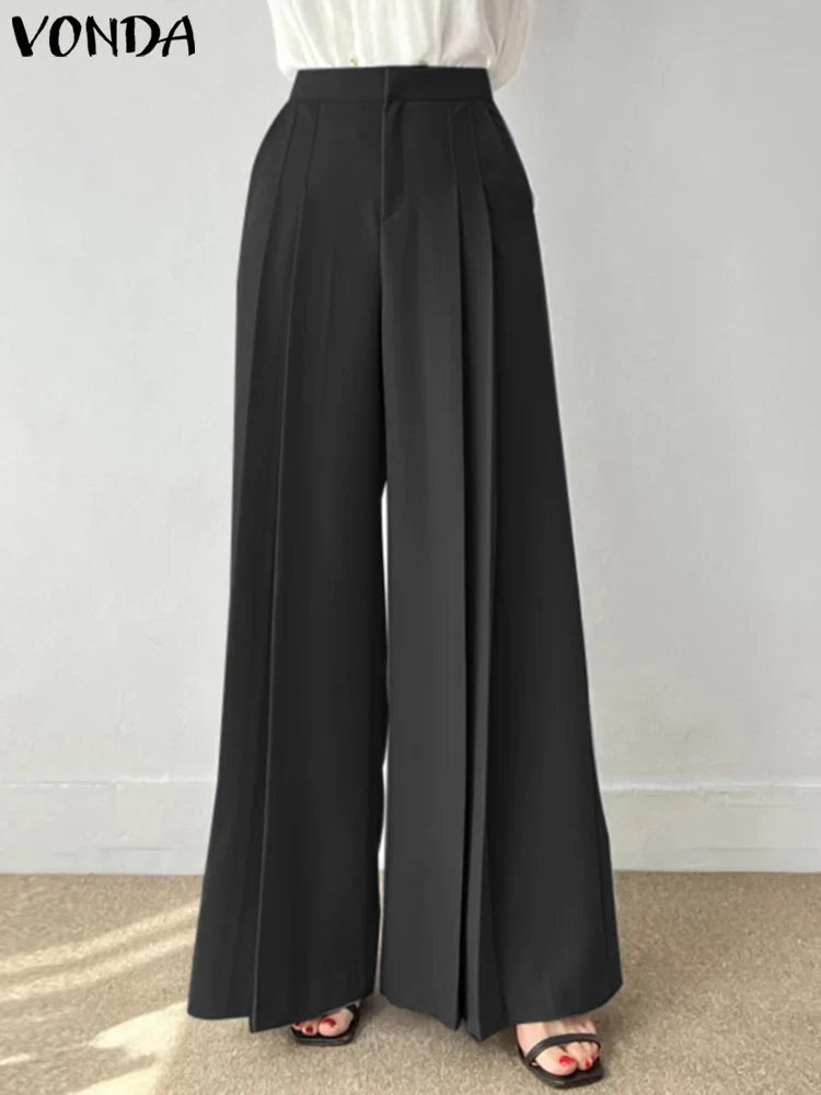 VONDA-Pantalon plissé à jambes larges pour femme, vêtement de bureau élégant, couleur unie, taille haute, avec poches, style décontracté, tendance 2023