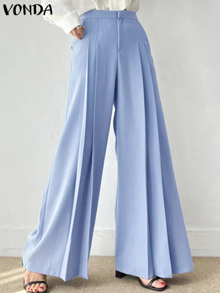 VONDA-Pantalon plissé à jambes larges pour femme, vêtement de bureau élégant, couleur unie, taille haute, avec poches, style décontracté, tendance 2023