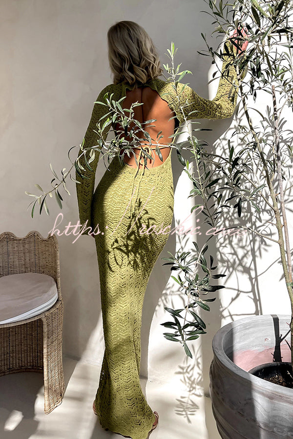 Avie Knit Textured Fabric Backless Tie-up Long Sleeve Stretch Maxi Dress