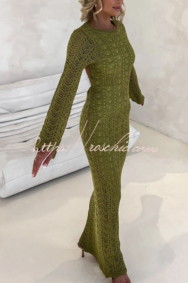 Avie Knit Textured Fabric Backless Tie-up Long Sleeve Stretch Maxi Dress