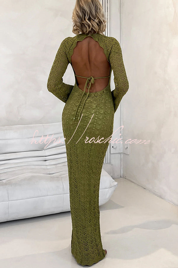 Avie Knit Textured Fabric Backless Tie-up Long Sleeve Stretch Maxi Dress